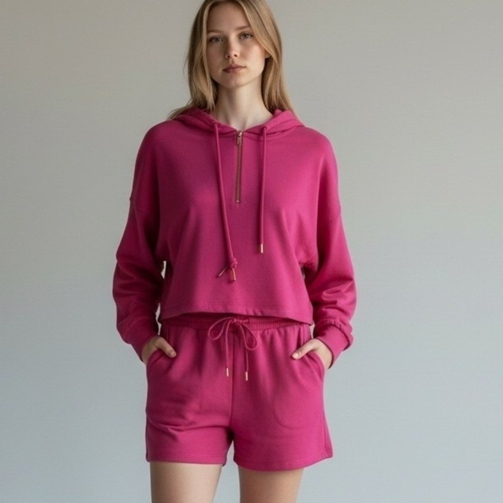 La Blanca Resortwear Pink 2 Piece Set Quarter Zip Crop Hoodie & Shorts LB3VB51 S